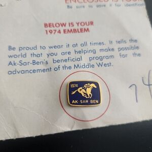NWT 1974 Aksarben Ak-Sar-Ben Membership Lapel Pin Omaha Nebraska NE